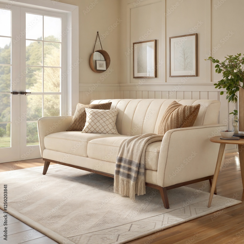 Fototapeta premium Luxury cream leather sofa set, ornate wooden carved details, classic Italian design, tufted upholstery, living room furniture, elegant floor lamp