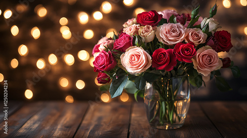 A beautiful bouquet of pink and red roses in a vase on a wooden table.