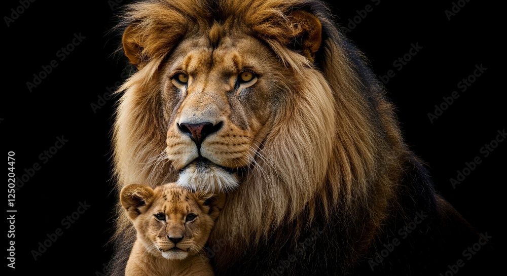 Majestic lion and adorable cub portrait on a black background Majestic lion and adorable cub portrait on a black background