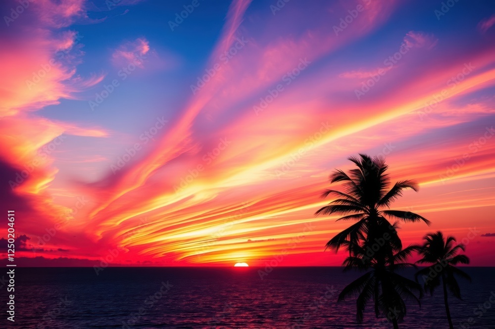 Obraz premium Tropical Sunset Over Ocean with Palm Trees
