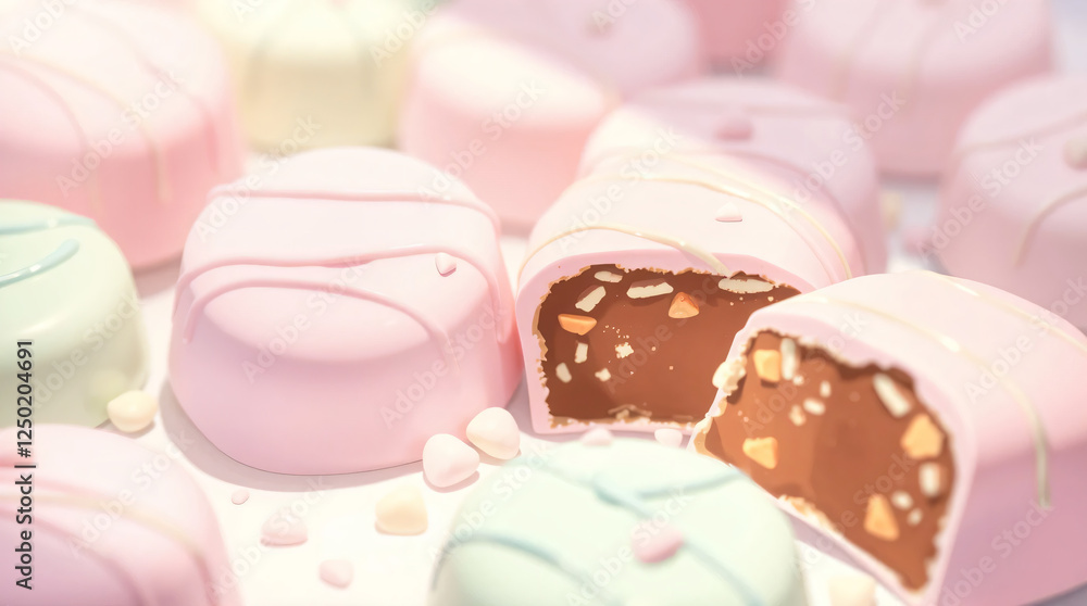 Isekai Anime Style Depiction of Soft Pastel Chocolate Pralines in a Gentle and Expressive Composition Isekai Anime Style Depiction of Soft Pastel Chocolate Pralines in a Gentle and Expressive Composition