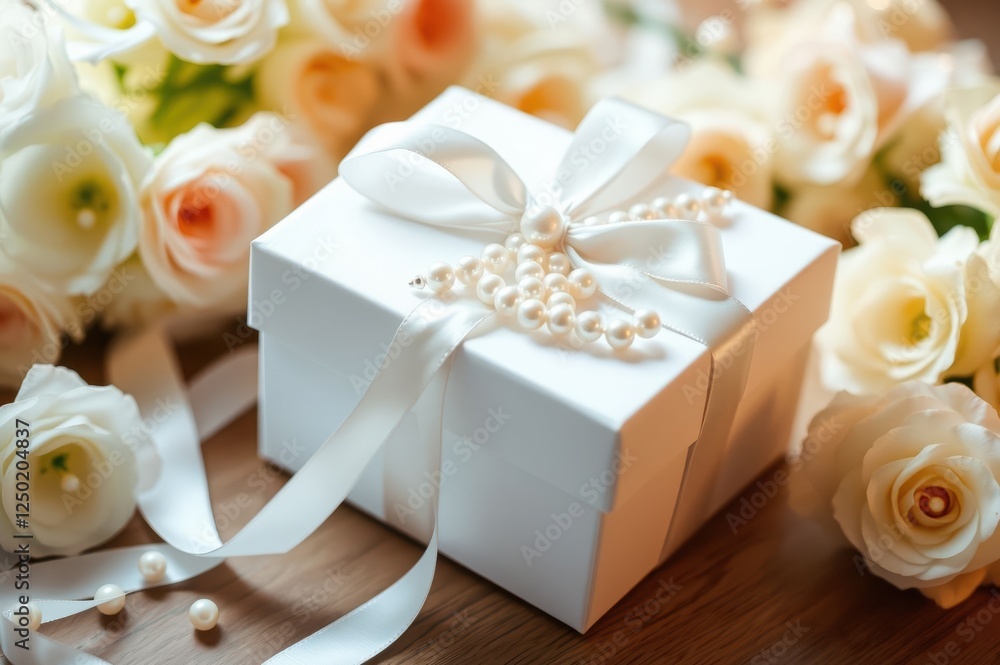 White Gift Box with Pearl Necklace and Roses White Gift Box with Pearl Necklace and Roses
