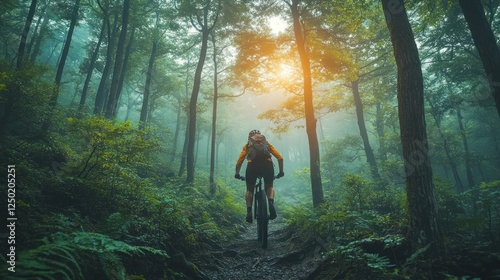 Fototapeta Naklejka Na Ścianę i Meble -  Cyclist mountain biking misty forest trail sunrise adventure