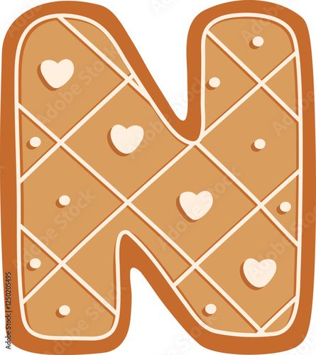 Gingerbread Biscuit Heart Alphabet N Letter Cartoon