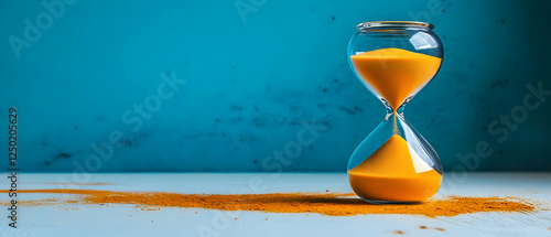 Fototapeta Naklejka Na Ścianę i Meble -  Yellow sand timer, blue backdrop, spice spill