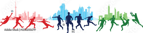 Great editable vector file of world soccer championship players silhouette in the front of certain buildings and colors as country symbol with modern unique style best for your design and print 