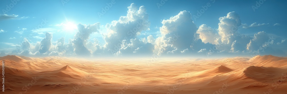 Expansive desert landscape with rolling sand dunes under a cloudy sky Expansive desert landscape with rolling sand dunes under a cloudy sky