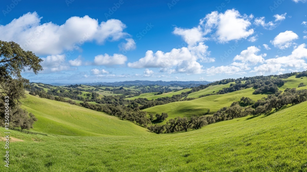 Lush Green Rolling Hills Landscape with Oak Trees and Blue Sky in California, USA Lush Green Rolling Hills Landscape with Oak Trees and Blue Sky in California, USA