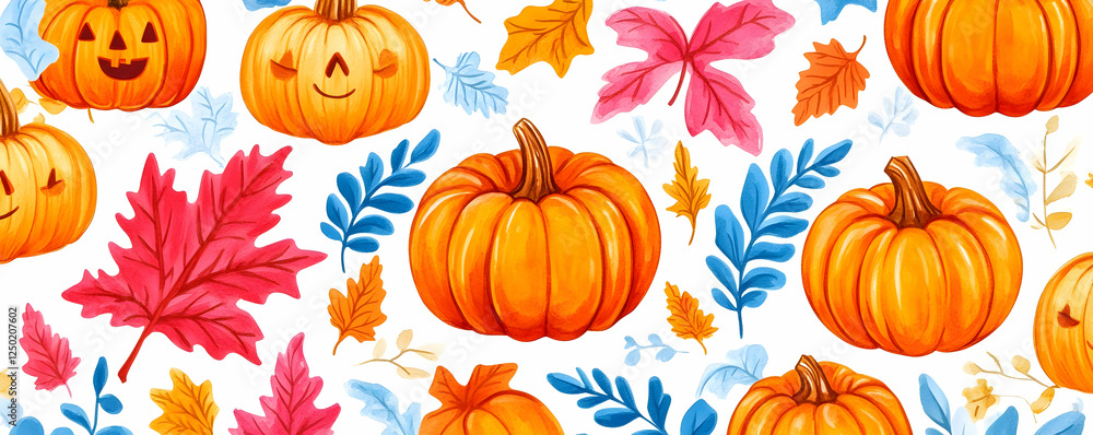 Autumn pumpkins, leaves; fall design Autumn pumpkins, leaves; fall design