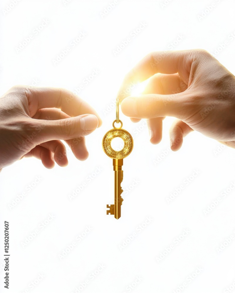 Hands Holding a Shining Golden Key Against a Bright White Background Symbolizing Opportunity and Possibility Hands Holding a Shining Golden Key Against a Bright White Background Symbolizing Opportunity and Possibility