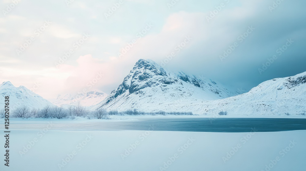 Obraz premium Serene Winter Landscape with Snow-Capped Mountains and Calm Lake Reflections in a Tranquil Setting at Dusk
