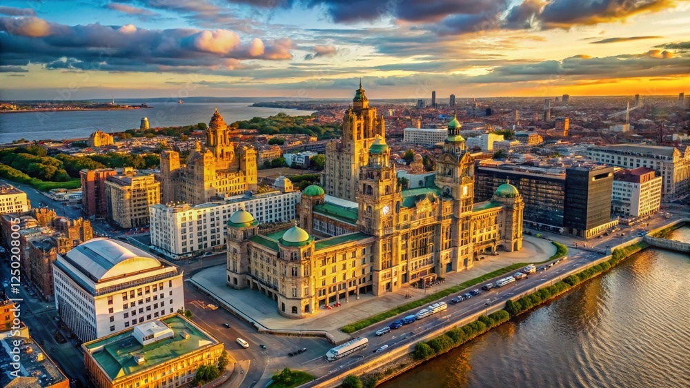 Obraz premium Liverpool Waterfront Aerial: Royal Liver Building & Cityscape Panorama