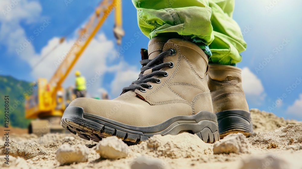 Construction Workforce Boot on Gravel Ground with Heavy Machinery and Workers in Background Under Bright Sky Construction Workforce Boot on Gravel Ground with Heavy Machinery and Workers in Background Under Bright Sky