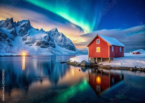 Lofoten Islands Winter Landscape: Red Rorbu, Aurora Borealis, Starry Night Reflection photo