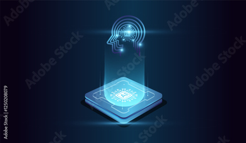 The glowing microchip at the base emitting a holographic human head of artificial intelligence. microchip and digital head of system at the center represents computational power