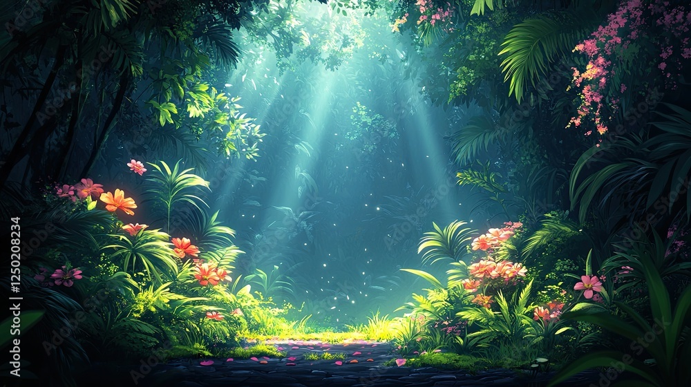 Obraz premium Lush Tropical Forest with Sunlight Filtering Through Trees, Vibrant Flowers in Bloom