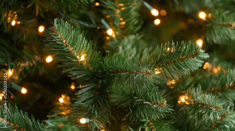 Festive Close-Up of a Christmas Tree Branch with Warm Glowing Lights. Festive Close-Up of a Christmas Tree Branch with Warm Glowing Lights.