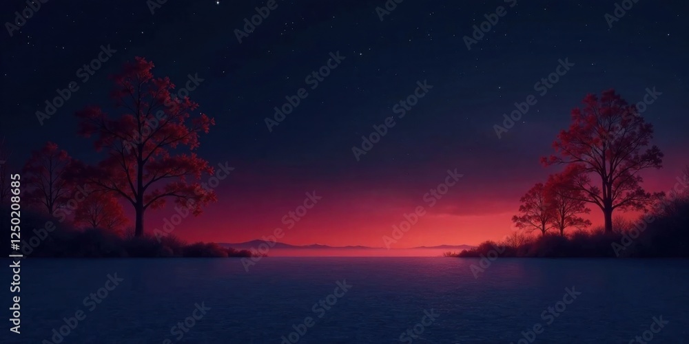 Fototapeta premium Serene Night Scene with Silhouetted Trees by a Still Lake Under a Crimson Sky