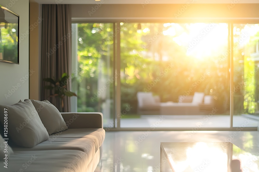 Fototapeta premium Living room interior with a white sofa and a window overlooking the garden