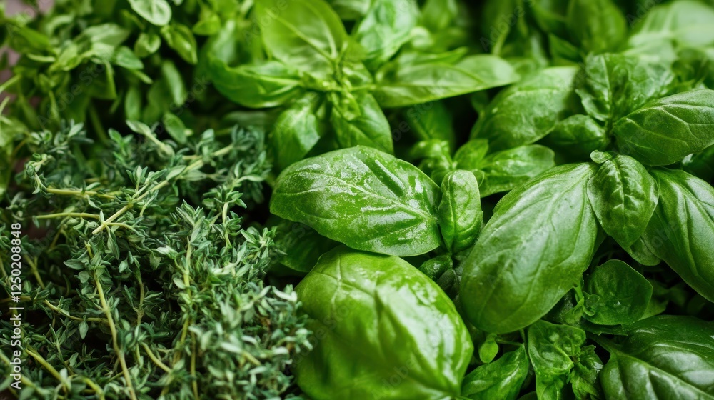 Fresh Basil and Thyme Leaves on Wooden Surface for Cooking and Gardening Fresh Basil and Thyme Leaves on Wooden Surface for Cooking and Gardening