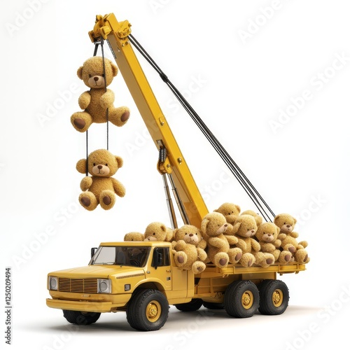 Crane lifting teddy bears, truck transport, studio shot, whimsical scene photo