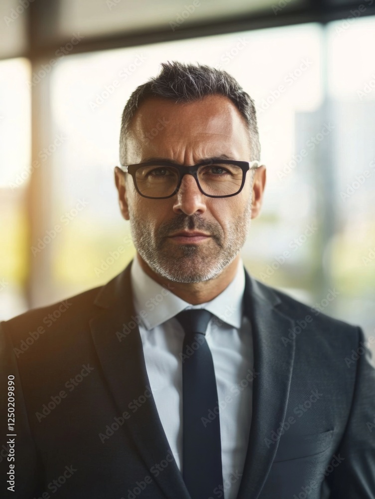 Fototapeta premium A confident and authoritative Business CEO, dressed in a formal suit, stands with a serious expression, embodying the essence of leadership and decision-making in a corporate setting, 