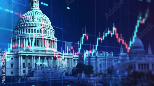 Capitol Hill Stock Market:  The iconic US Capitol building is superimposed with dynamic stock market charts, illustrating the interplay between politics and finance in a captivating.