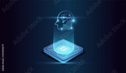 The microchip and digital head of system at the center represents computational power. with a glowing microchip at the base emitting a holographic human head of artificial intelligence.