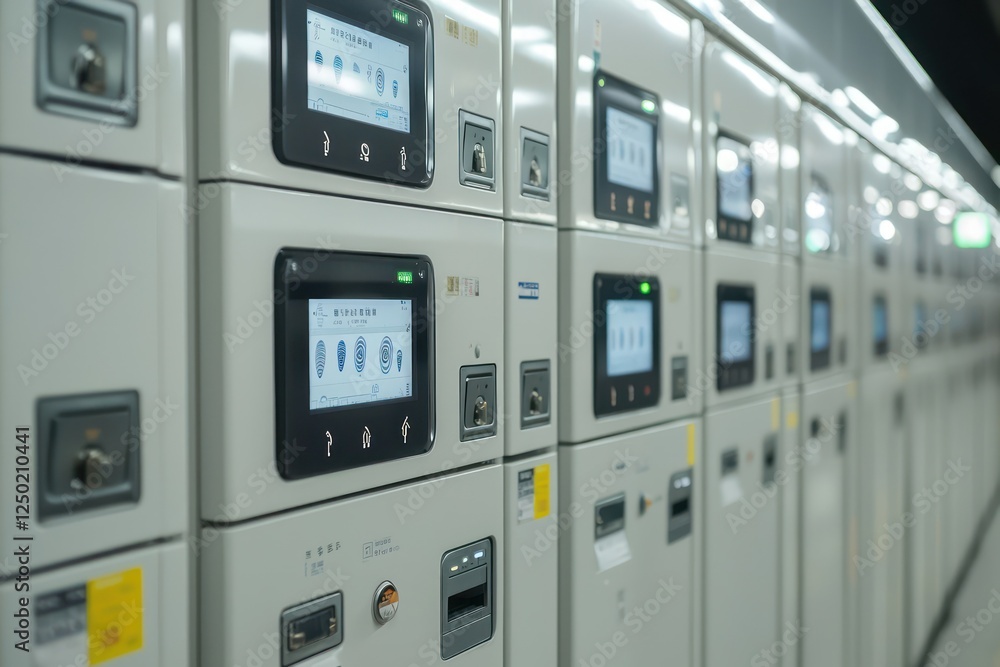 Commuters securely store items at train stations in smart lockers with biometric access. Commuters securely store items at train stations in smart lockers with biometric access.