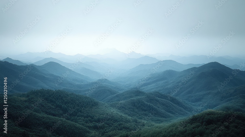 Fototapeta premium Serene Mountain Landscape with Layers of Blue Hues and Misty Background, Ideal for Nature Themes