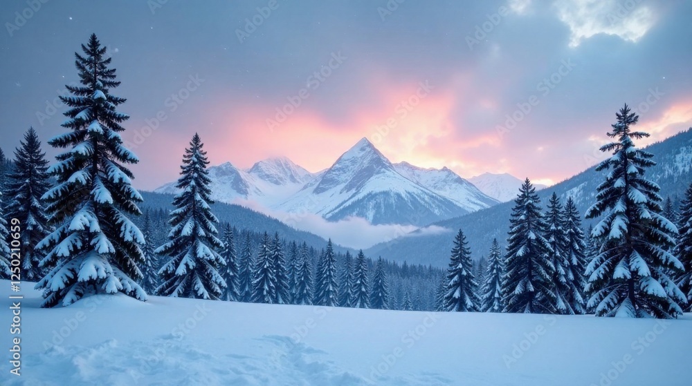 Fototapeta premium Serene Winter Landscape Snow-Covered Evergreens and Majestic Mountains at Dawn