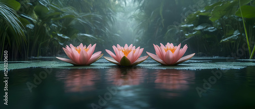 Fototapeta Naklejka Na Ścianę i Meble -  Tranquil pink lotuses, misty jungle pond