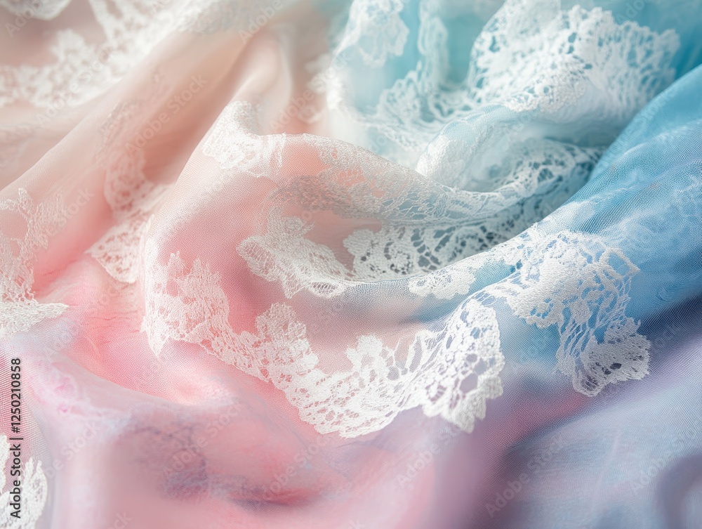 Abstract Delicate Lace Fabric in Pastel Pink and Blue Gradient, Soft Texture Background. Abstract Delicate Lace Fabric in Pastel Pink and Blue Gradient, Soft Texture Background.