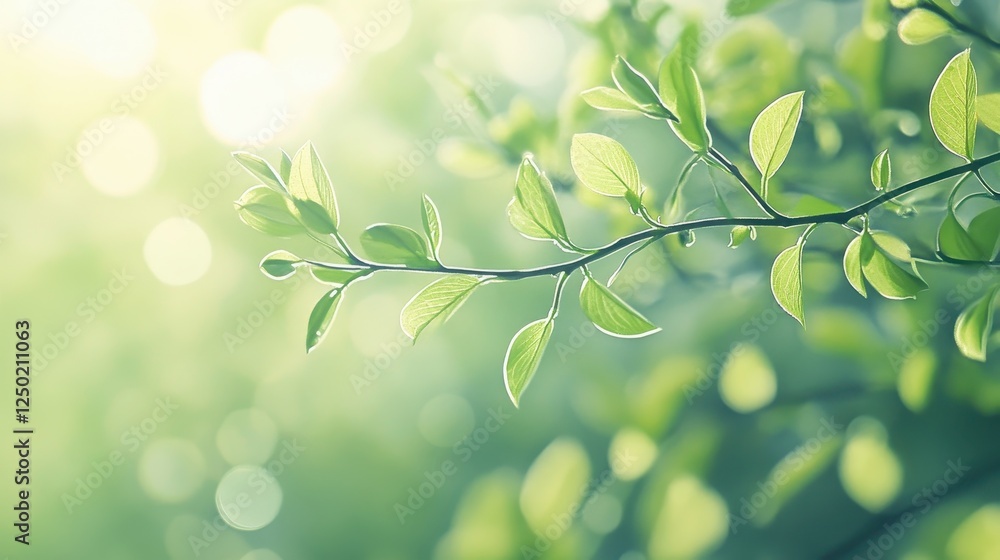 Fresh Green Leaves on Branch with Soft Sunlight Bokeh Background Fresh Green Leaves on Branch with Soft Sunlight Bokeh Background