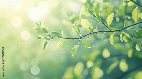 Fresh Green Leaves on Branch with Soft Sunlight Bokeh Background