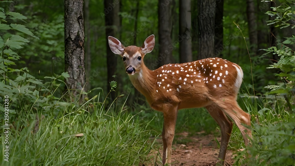 White Tailed deer fawn stands near flowers in a garden White Tailed deer fawn stands near flowers in a garden