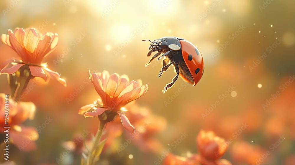 A vibrant ladybug hovering above colorful flowers in a sunlit garden, creating a serene atmosphere A vibrant ladybug hovering above colorful flowers in a sunlit garden, creating a serene atmosphere
