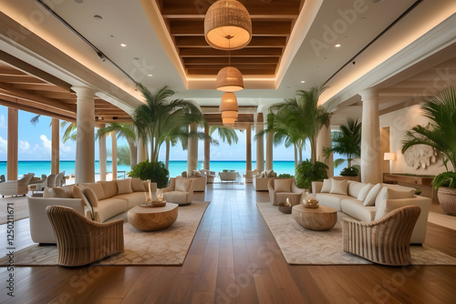 Luxury Resort Lobby,An opulent lobby with tropical resort vibes. Use warm wooden floors, large windows overlooking beach