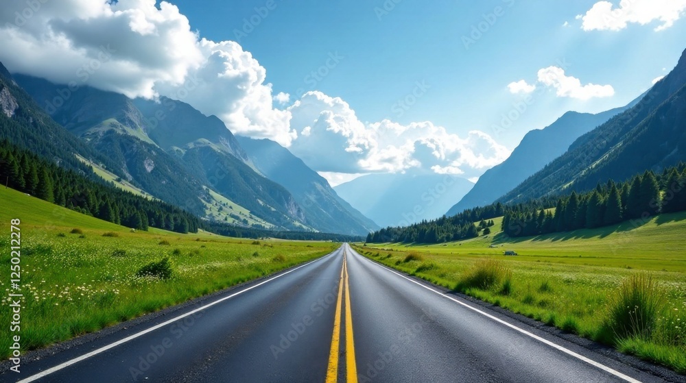 Fototapeta premium Asphalt road leading through a picturesque mountain valley with lush green meadows under a bright sunny sky