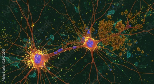 Neurons interacting with amyloid plaques in alzheimers disease illustration