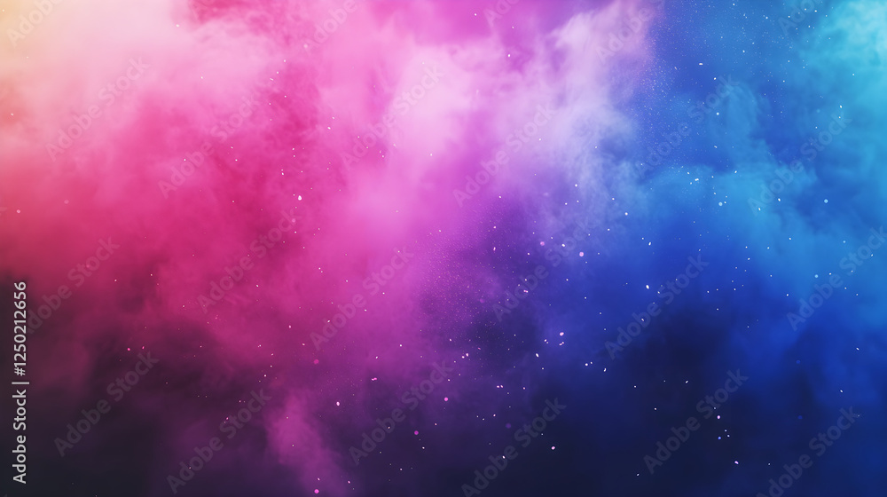 Fototapeta premium Colorful powder explosion on a black background, with pink, blue, and yellow color dust flying in space, creating a colorful cloud of smoke. This abstract, creative design would be suitable 