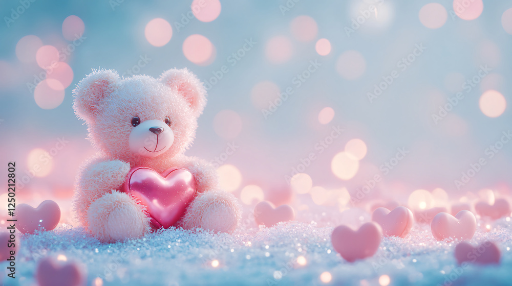 Fototapeta premium A cute teddy bear holding a heart amidst a dreamy pastel background with soft lighting.