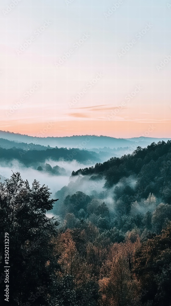 Misty Mountain Landscape at Dawn with Soft Gradient Sky Colors Misty Mountain Landscape at Dawn with Soft Gradient Sky Colors