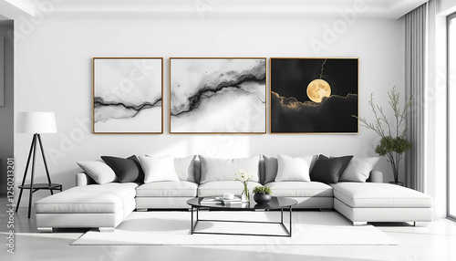 Modern Abstract Triptych Wall Art with Moon and Ink Wash photo