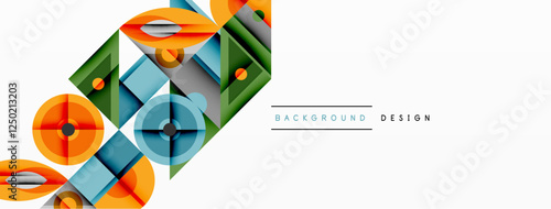 Geometric abstract composition with intersecting shapes, circles, triangles, and gradients, blending vibrant colors and dynamic contrasts to create a modern, futuristic visual design