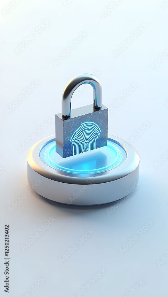 A simple 3D render of a fingerprint scanner with a digital padlock on top, symbolizing personal data protection, placed on a plain white background.