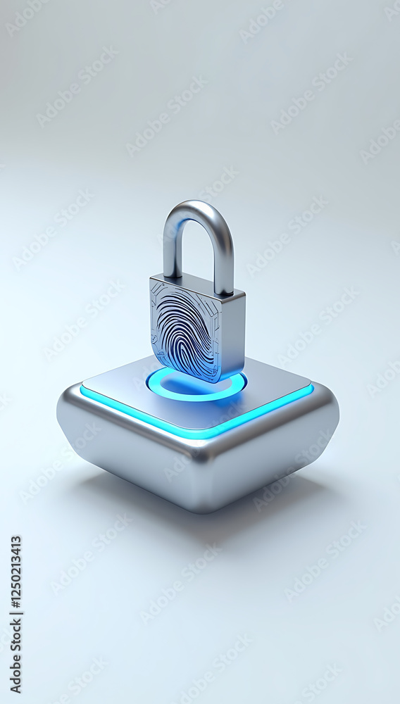 A simple 3D render of a fingerprint scanner with a digital padlock on top, symbolizing personal data protection, placed on a plain white background. A simple 3D render of a fingerprint scanner with a digital padlock on top, symbolizing personal data protection, placed on a plain white background.