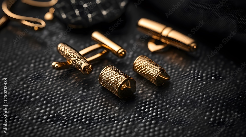 Luxurious Gold Accessories for Men on Dark Textured Background Luxurious Gold Accessories for Men on Dark Textured Background