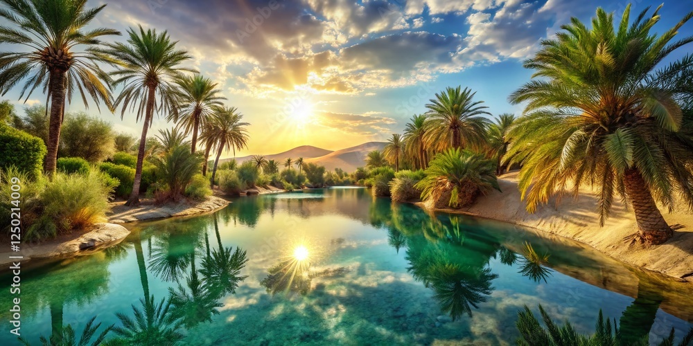 Fototapeta premium Lush Oasis in Desert Landscape, High-Definition Stock Photo