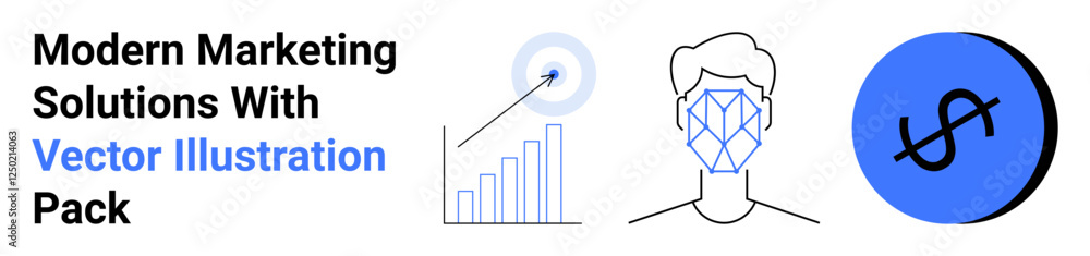 Bar chart with target, facial recognition wireframe, and dollar sign icon. Ideal for marketing, finance, analytics, innovation, technology AI design. Perfect flat landing page banner Bar chart with target, facial recognition wireframe, and dollar sign icon. Ideal for marketing, finance, analytics, innovation, technology AI design. Perfect flat landing page banner
